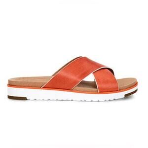 UGG Women's Kari Cinnamon Leather and Suede Cross Strap Slides Sandals Size 8